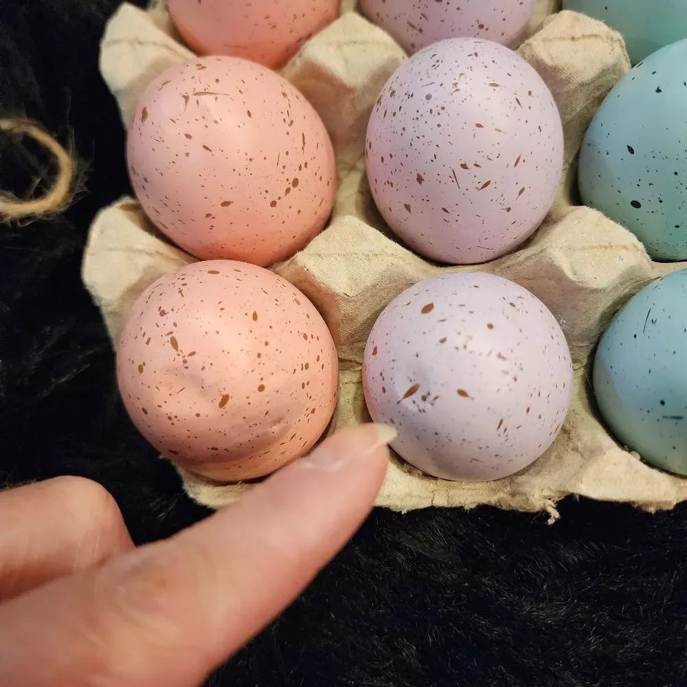 Speckled Dozen of Eggs With Carton Crate and Grass Bunny